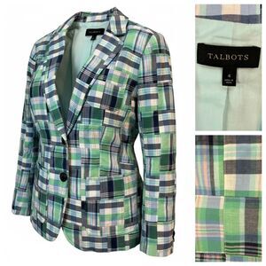 Talbots Women's Madras Plaid Blazer Size 4 Blue Green Pink Cotton Preppy Office